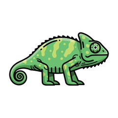Obraz premium Cute cartoon green chameleon and baby lizard character illustration featuring a fun reptile dragon and wildlife nature art isolated on white