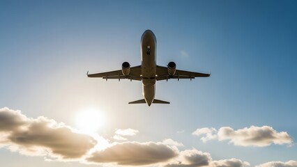 Airplane soaring through blue sky with puffy white clouds at sunset