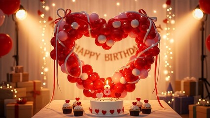 Heart shaped balloons and cake for birthday celebration