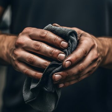 Mechanic with dirty greasy hands cleaning with a rag in an automotive workshop for industrial work.