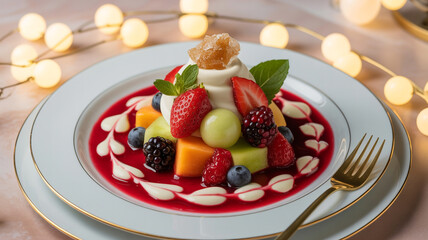 Delicious seasonal fruit platter with creamy topping and delicate berry sauce, perfect for an elegant dessert