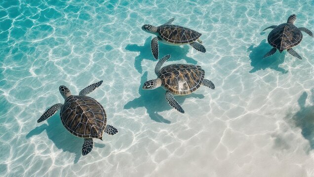 Four sea turtles swim in shallow, clear turquoise water, sun reflections on the sandy bottom