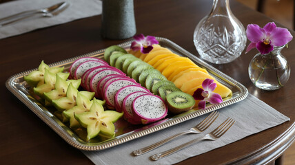 Exotic fruit platter featuring an array of vibrant and refreshing tropical slices