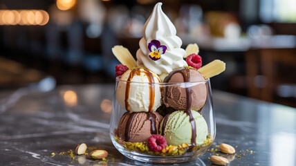 A delightful assortment of creamy ice cream scoops topped with soft-serve and fresh berries