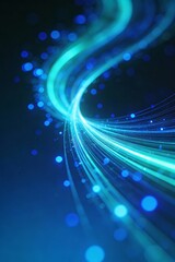 Abstract blue fiber optic light waves with glowing dots, representing digital communication, data transfer, and high-speed internet technology.