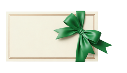 Blank Ivory Gift Card with Green Ribbon Bow on White Background