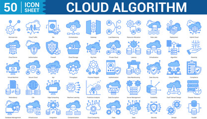 Cloud Algorithm blue style icon set collection concept microservice, cloud traffic, orchestration, gateway, load balancing, resource allocation, data lake, deployment, hybrid cloud, and more.