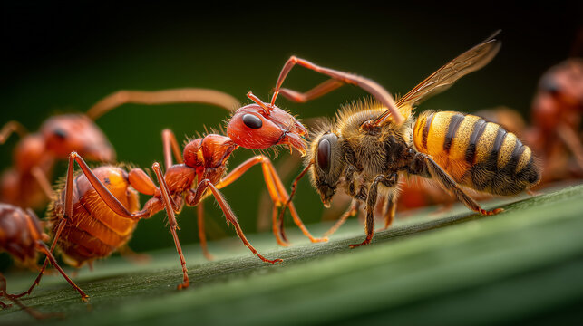 Macro shot of red weaver ants swarming and attacking a wasp, capturing intense insect behavior, nature&rsquo;s predation, and detailed wildlife action.