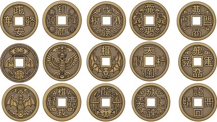 Ancient Chinese Coins Set Gold Currency Historical Money.