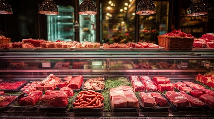 Butcher shop counter displaying a variety of fresh meats, including beef, pork, and lamb, showcasing quality cuts, hygiene, and professional meat preparation.