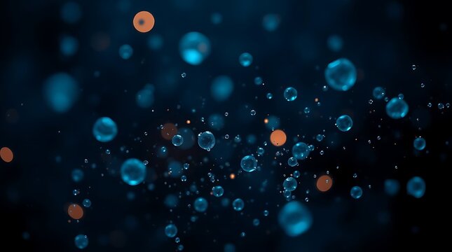 Abstract bokeh background with glowing blue and orange particles suspended in dark space. Ethereal fluid bubbles and shimmering light spheres for futuristic science and cinematic design.