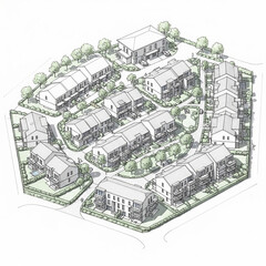 Fototapeta premium An intricate architectural master plan sketch illustrating a vibrant residential cluster design, showcasing modern townhouses and apartment buildings nestled within a cohesive community layout