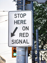 Traffic instruction sign reading &ldquo;Stop here on red signal&rdquo; mounted on a pole at an urban intersection. Clear road safety message for transportation and city concepts.

