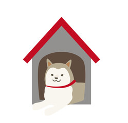 犬小屋に入っている柴犬のイラスト素材