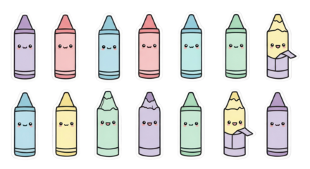 Set of 14 Kawaii Pastel Crayon Vector Illustrations
