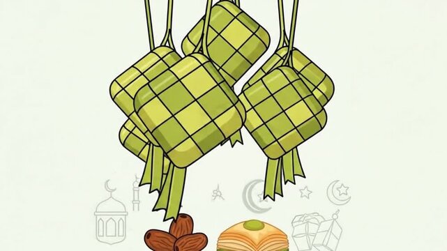 A digital illustration of four green diamond-shaped woven palm leaf packages hanging from strings, with a few dates and a half-eaten orange on a white surface