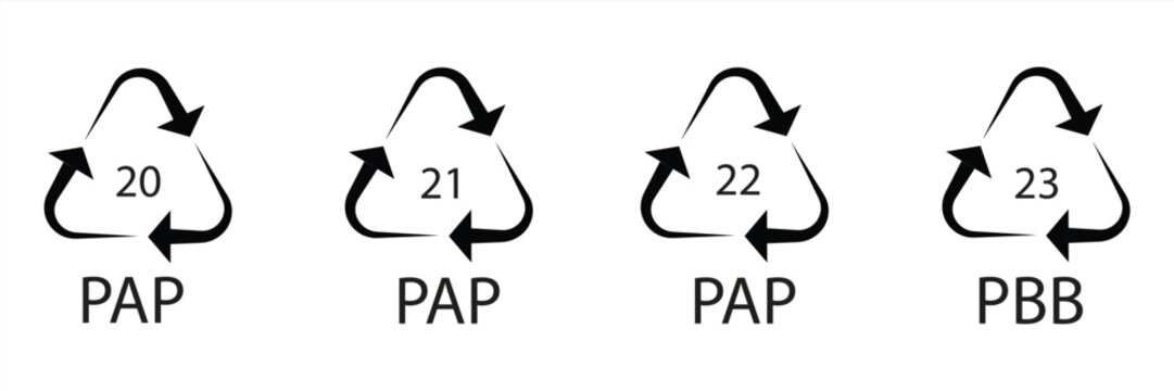 Paper recycling code icon set. recycling codes 20, 21, 22, 23. pap recycling symbols. plastic, recycle, symbol, code, icon.