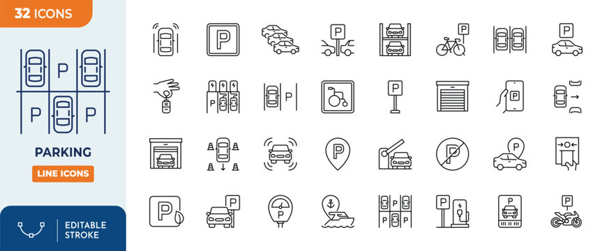 Parking line editable icon set. Contain icons related to parking, parking signs, parking area, and more. editable stroke. Vector illustration