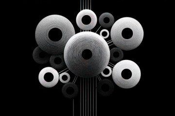 An abstract geometric composition of concentric circles and fine lines on a deep black background.  
