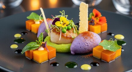 A beautifully plated dish with scallops, squash, and a colorful garnish on a dark plate.