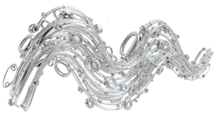 Abstract Silver Metal Wavy Lines and Rings on White Background