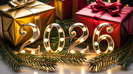 A festive holiday photograph featuring illuminated metallic numbers 2026 in the center, decorated with small warm white LED lights inside each digit