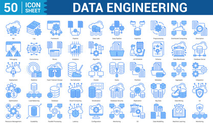 Data Engineering blue style icon set concept log, framework, pipeline, data lake, data pipeline, ingestion, preprocessing, and more. Illustration Eps 10