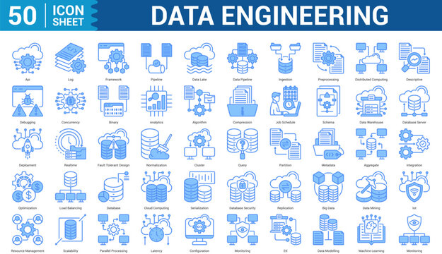 Data Engineering blue style icon set concept log, framework, pipeline, data lake, data pipeline, ingestion, preprocessing, and more. Illustration Eps 10