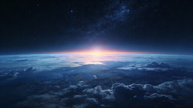 Aerial view of Earth from space, showcasing a sunrise over cloud-covered atmosphere with galaxy and stars in the dark cosmic background. Illustrates planetary ecology and astronomical phenomena.