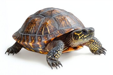 Obraz premium Curious patterned turtle with glossy domed shell, textured scaly legs and sharp claws on a clean white background, calm and alert expression