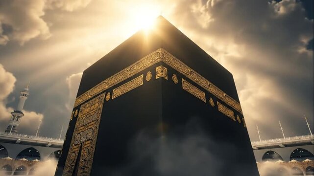A low-angle shot of a black, cube-shaped building with gold accents shining brightly through clouds