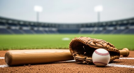 Baseball bat and ball on a field with stadium in the background.