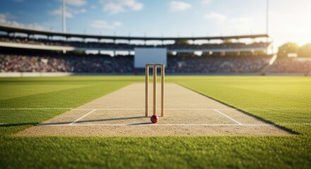 Cricket ball on a cricket pitch with a crowd in the background.