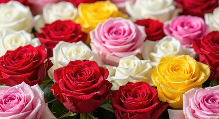 A vibrant bouquet of colorful roses with a mix of red, pink, white, and yellow petals.