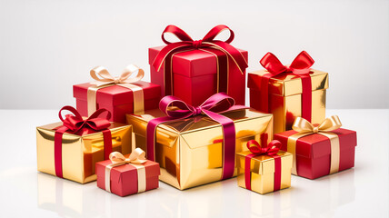 Obraz premium A product photography shot of a collection of luxury gift boxes arranged in a scattered formation against a pure white backgroun