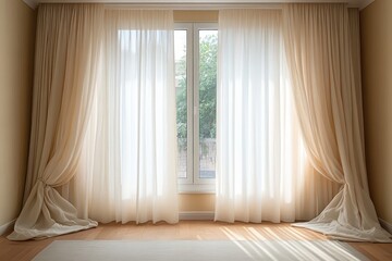Sunlit room with sheer beige curtains draped at the sides of a window, hardwood floor and small rug, soft natural light creating a peaceful cozy morning atmosphere