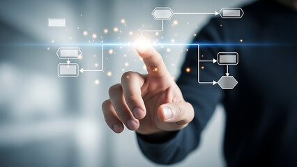 A person interacts with a futuristic digital interface in a modern office environment