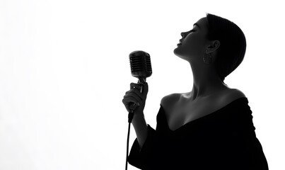  female singer in profile, standing posture, holding a vintage broadcast microphone, strong neck and jaw silhouette, natural shoulders