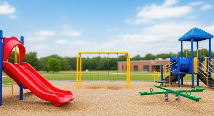 A colorful playground with a red slide, yellow swings, and blue equipment in a park setting.
