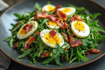 vibrant arugula salad with halved boiled eggs, crispy bacon and cracked black pepper, fresh and appetizing