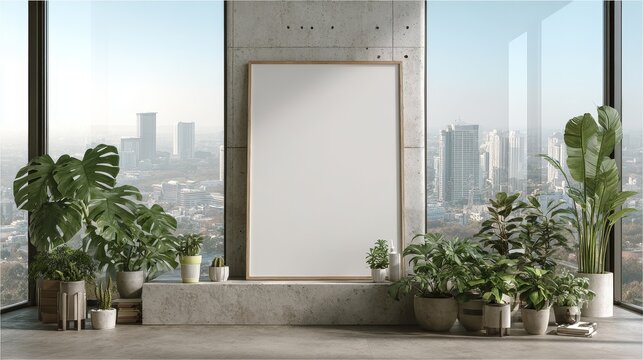 A1 poster frame with blank white center on modern city living wall, styled with houseplants, minimalist interior decor concept for contemporary home, gallery mockup and urban lifestyle
