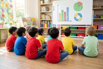 Young students sitting on classroom floor looking at colorful charts on whiteboard