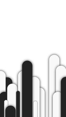 Fototapeta premium A sleek vertical background featuring rising rounded black and white bars with drop shadows at the bottom, creating a modern 3D layered minimalist aesthetic against a clean white space.