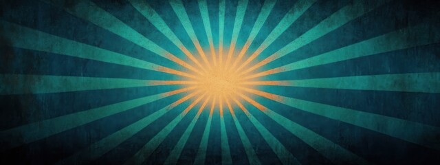 Fototapeta premium Abstract sunburst design with a warm orange center emitting blue rays on a textured dark background, evoking a vintage or retro feel
