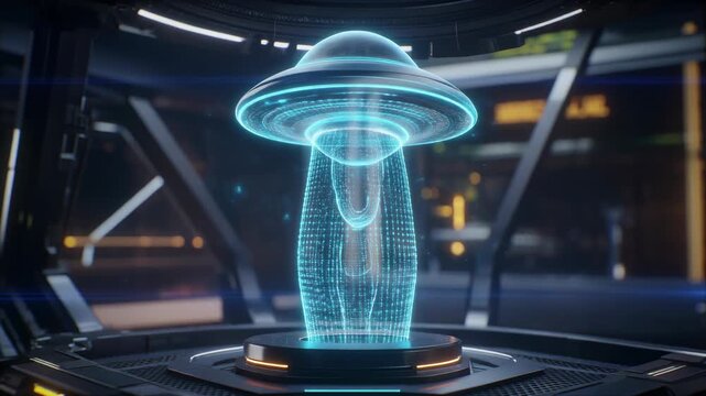 Futuristic UFO hologram on a metallic platform in a high-tech facility.