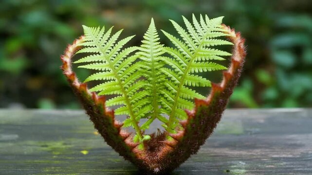 Fiddlehead Fern Unfurling on Wooden Surface.