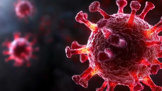 Coronavirus particle close up with red spike proteins glowing, microscopic virus infection and disease spread, detailed particle structure concept