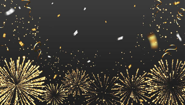 Luxury gold fireworks and confetti on black background
