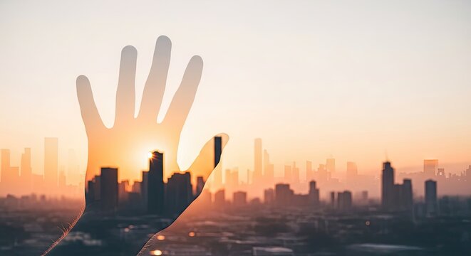A hand reaching out towards a city skyline at sunset.