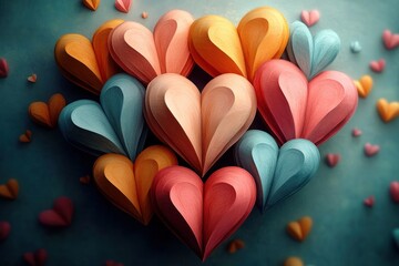 Cluster of layered paper-cut hearts in coral, orange, pink and teal hues with small scattered hearts on a textured blue background, evoking playful romantic joy